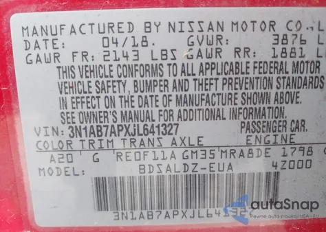 2018 Nissan Sentra S/Sv/Sr/Sl from USA, damaged, VIN 3N1AB7APXJL641327